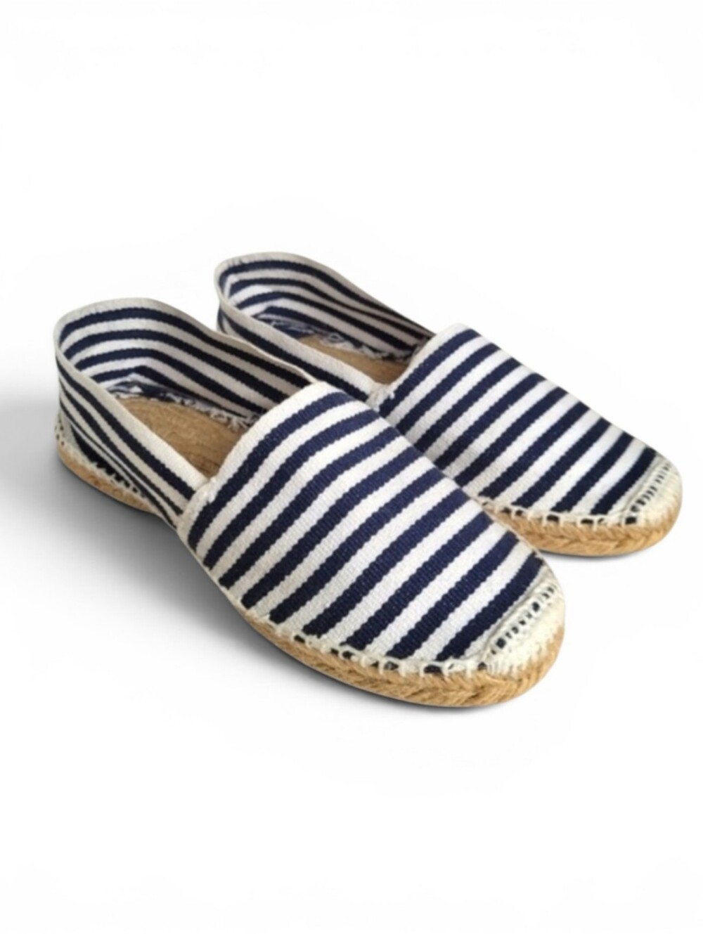 Hand Sewn Spanish Jute Espadrilles Euro Summer Nautical navy white stripes  38 7